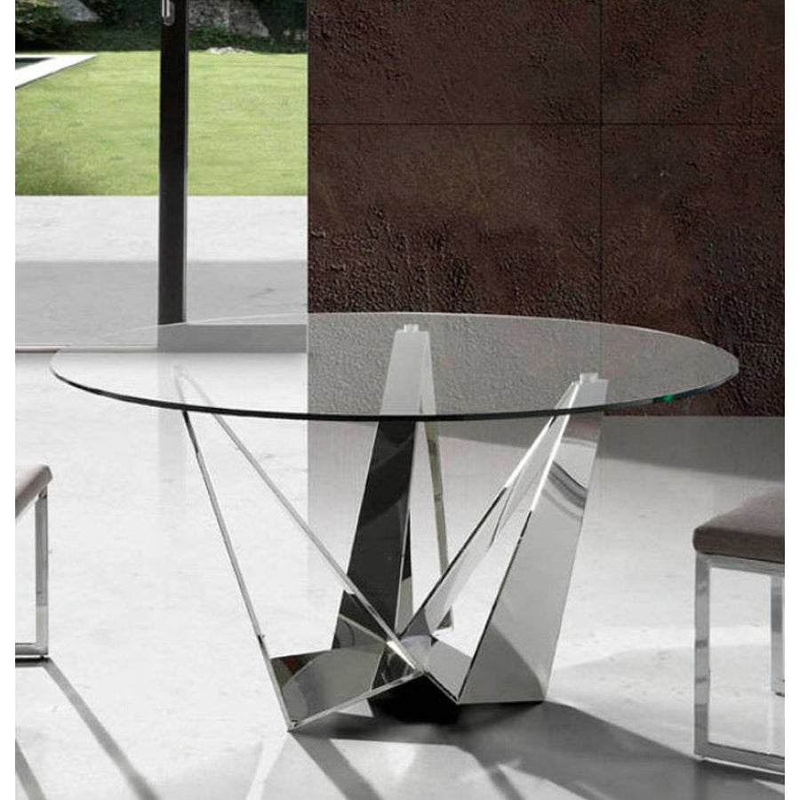 Kortárs stílusú, krómszínű, acélból készült, dizájn étkezőasztal edzett üveglappal.