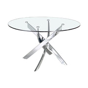 Kortárs stílusú, krómszínű, acélból készült, dizájn étkezőasztal edzett üveglappal.