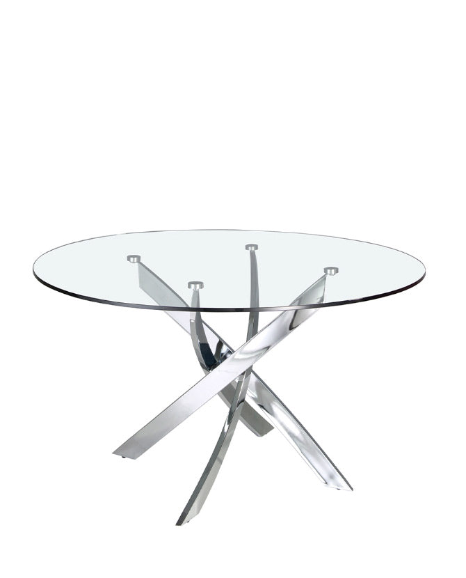 Kortárs stílusú, krómszínű, acélból készült, dizájn étkezőasztal edzett üveglappal.