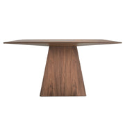 Kortárs stílusú, diófa furnérral borított, formatervezett, étkezőasztal üvegbetéttel.