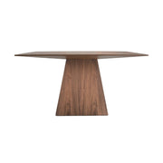 Kortárs stílusú, diófa furnérral borított, formatervezett, dizájn étkezőasztal üvegbetéttel.