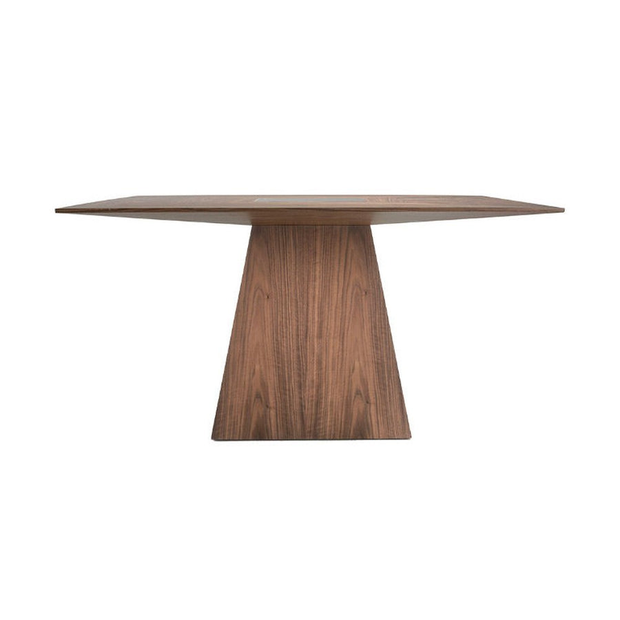 Kortárs stílusú, diófa furnérral borított, formatervezett, dizájn étkezőasztal üvegbetéttel.