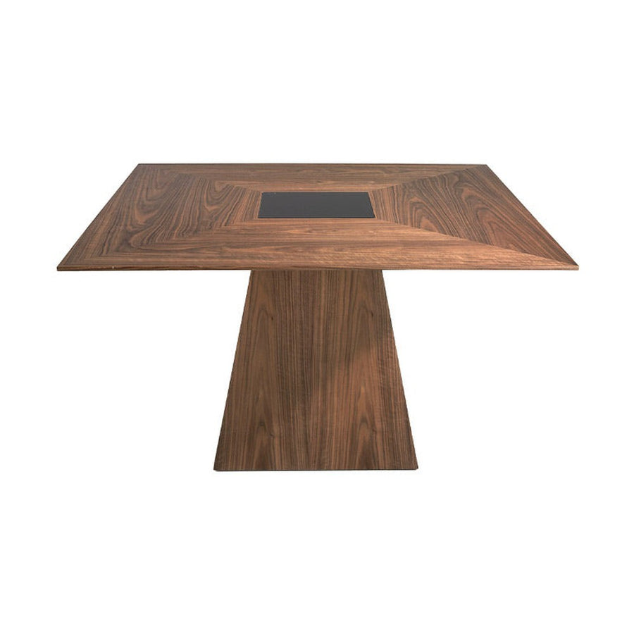 Kortárs stílusú, diófa furnérral borított, formatervezett, dizájn étkezőasztal üvegbetéttel.