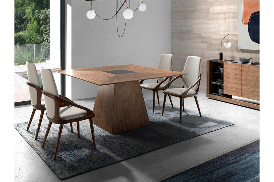Kortárs stílusú, diófa furnérral borított, formatervezett, dizájn étkezőasztal üvegbetéttel.