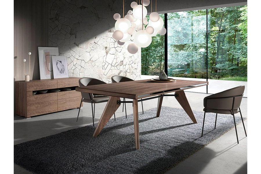 Kortárs stílusú, nagyméretű, diófa furnérral borított dizájn étkezőasztal.