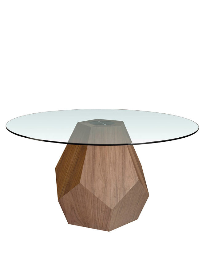 Kortárs stílusú, diófurnérral borított fenyőfából készült, dizájn étkezőasztal edzett üveglappal.