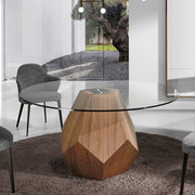 Kortárs stílusú, diófurnérral borított fenyőfából készült, dizájn étkezőasztal edzett üveglappal.