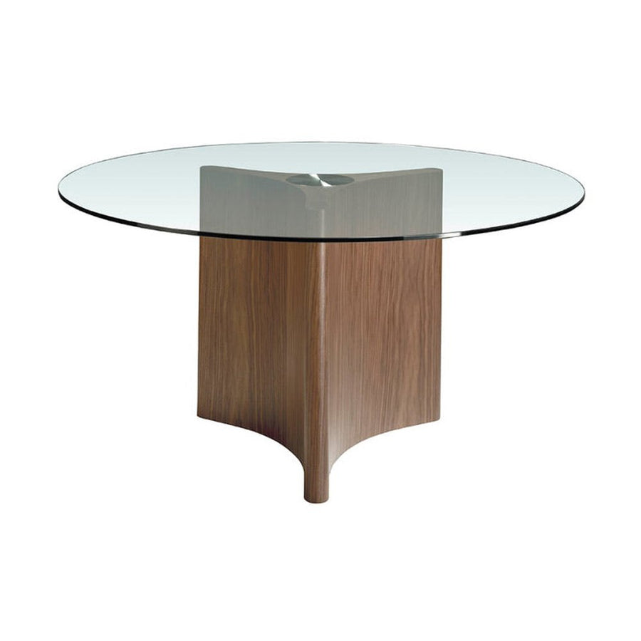 Kortárs stílusú, diófurnérral borított fenyőfából készült, dizájn étkezőasztal edzett üveglappal.