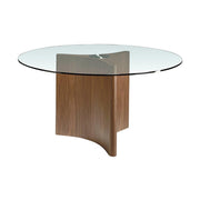 Kortárs stílusú, diófurnérral borított fenyőfából készült, dizájn étkezőasztal edzett üveglappal.