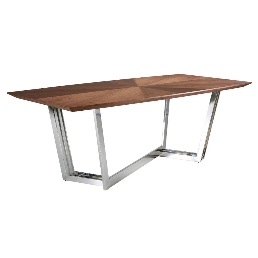 Kortárs stílusú, nagyméretű, diófa furnérral borított, dizájn étkezőasztal krómszínű lábakkal. 