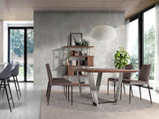 Kortárs stílusú, nagyméretű, diófa furnérral borított, dizájn étkezőasztal krómszínű lábakkal. 