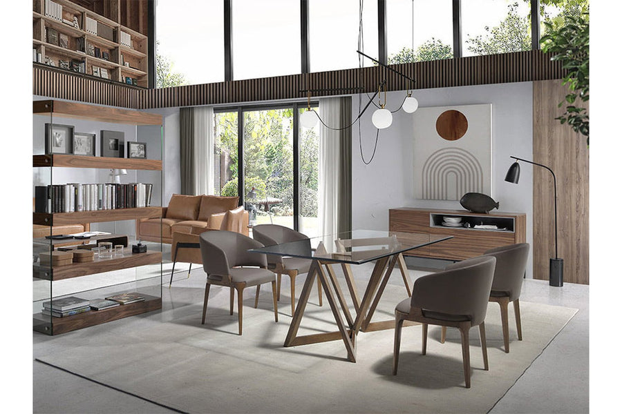 Kortárs stílusú, kőrisfából készült, dizájn étkezőasztal edzett üveglappal.