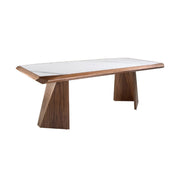 Kortárs stílusú, nagyméretű, diófa furnérral borított, dizájn étkezőasztal porcelán betéttel. 
