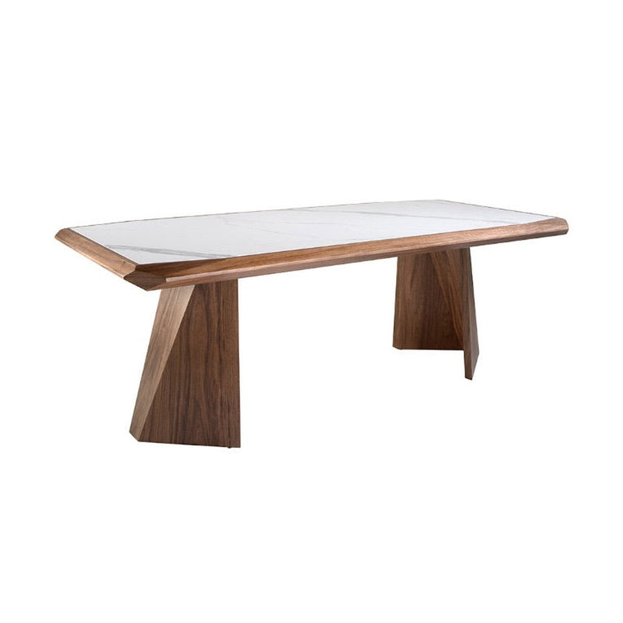 Kortárs stílusú, nagyméretű, diófa furnérral borított, dizájn étkezőasztal porcelán betéttel. 