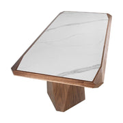 Kortárs stílusú, nagyméretű, diófa furnérral borított, dizájn étkezőasztal porcelán betéttel.