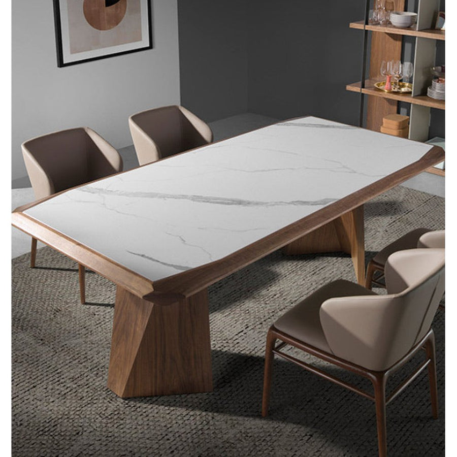 Kortárs stílusú, nagyméretű, diófa furnérral borított, dizájn étkezőasztal porcelán betéttel.