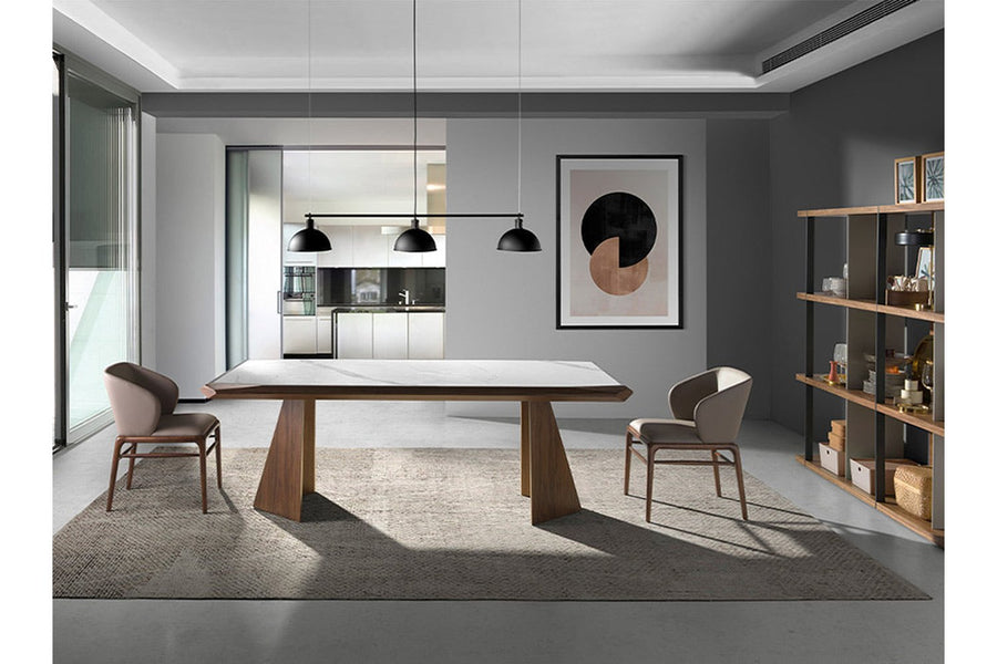 Kortárs stílusú, nagyméretű, diófa furnérral borított, dizájn étkezőasztal porcelán betéttel.