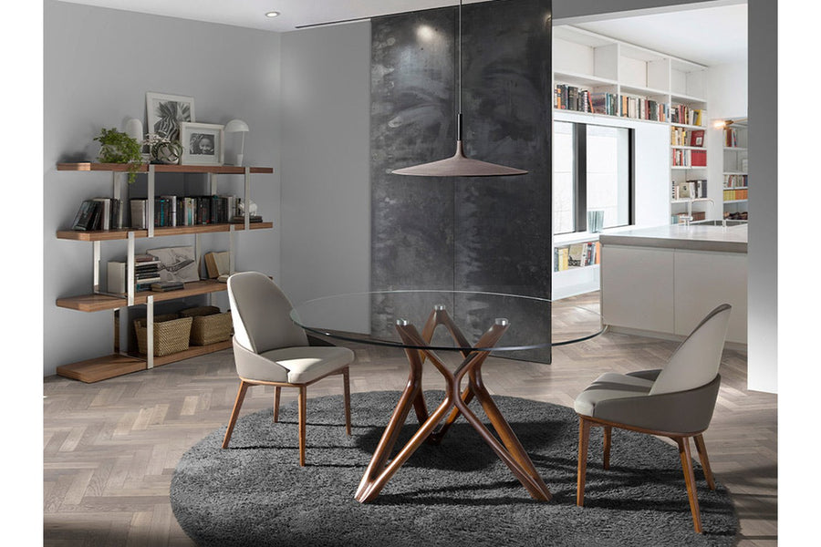 Kortárs stílusú, kőrisfából készült, dizájn étkezőasztal edzett üveglappal.