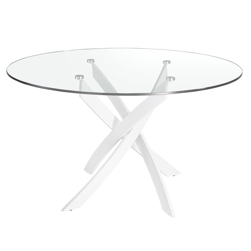 Kortárs stílusú, fehér színű, rozsdamentes acélból készült, formatervezett étkezőasztal edzett üveglappal.