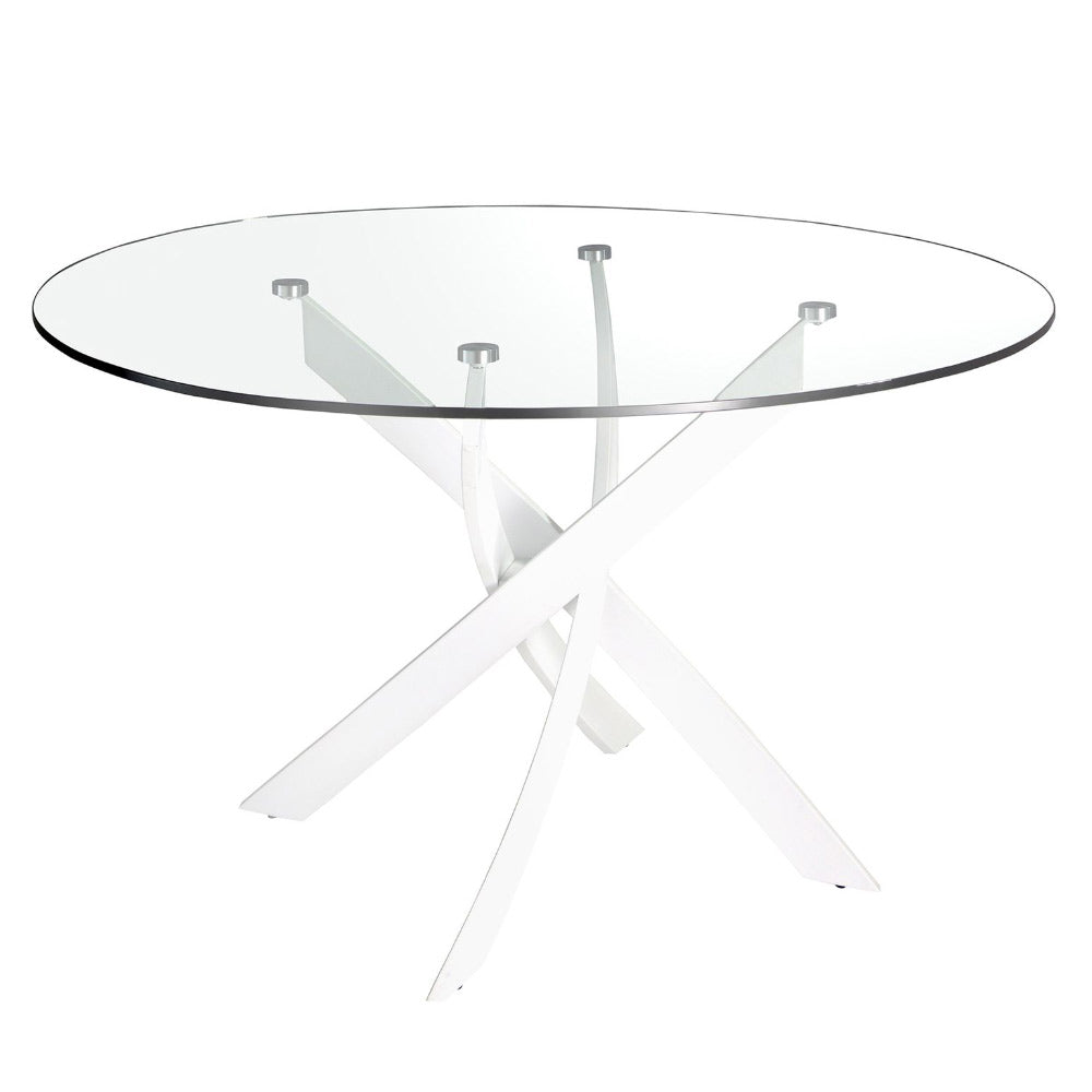 Kortárs stílusú, fehér színű, rozsdamentes acélból készült, formatervezett étkezőasztal edzett üveglappal.