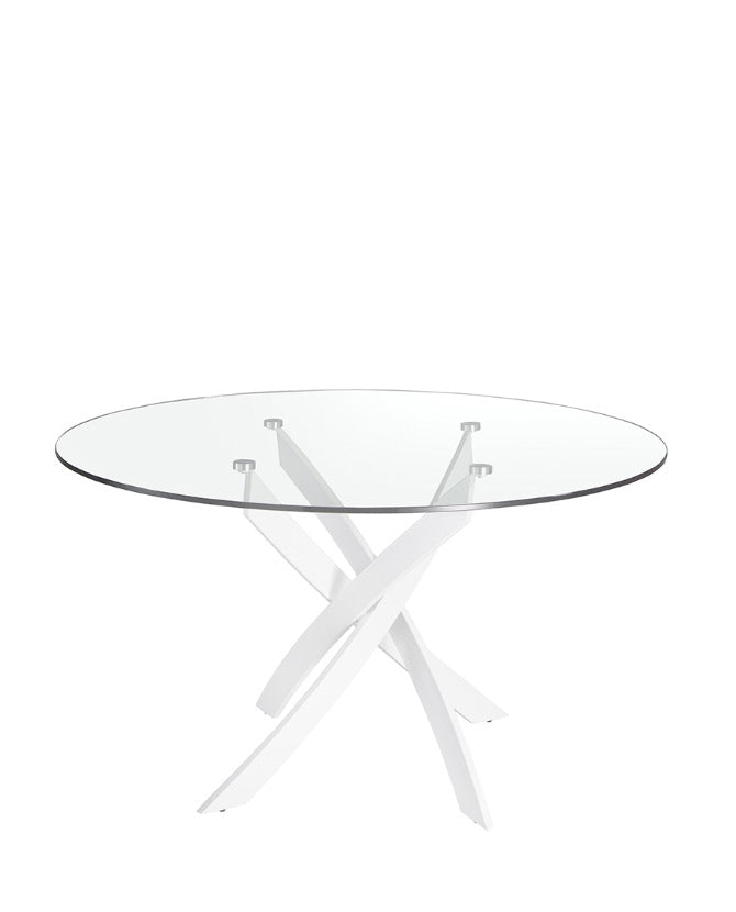 Kortárs stílusú, fehér színű, acélból készült, dizájn étkezőasztal edzett üveglappal.