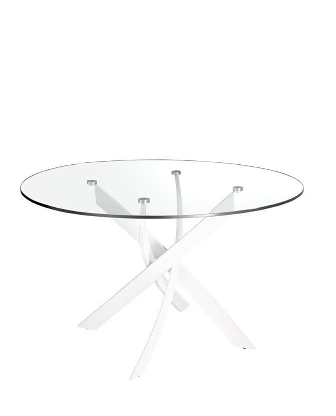 Kortárs stílusú, fehér színű, acélból készült, dizájn étkezőasztal edzett üveglappal.