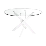 Kortárs stílusú, fehér színű, acélból készült, dizájn étkezőasztal edzett üveglappal.