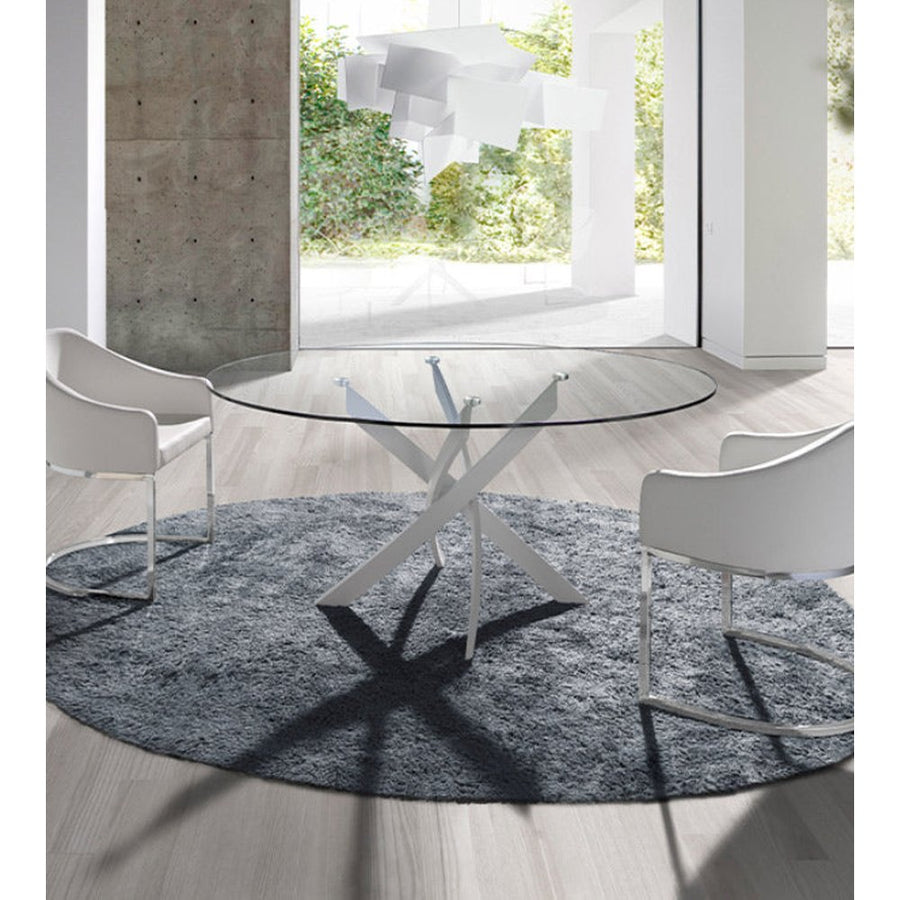 Kortárs stílusú, fehér színű, acélból készült, dizájn étkezőasztal edzett üveglappal.