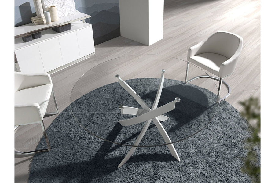 Kortárs stílusú, fehér színű, acélból készült, dizájn étkezőasztal edzett üveglappal.