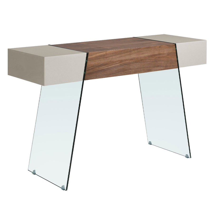 Kortárs stílusú, diófa furnérral borított, dizájn konzolasztal edzett üveg lábakkal.