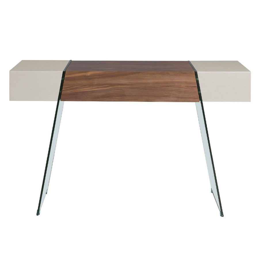 Kortárs stílusú, diófa furnérral borított, dizájn konzolasztal edzett üveg lábakkal.