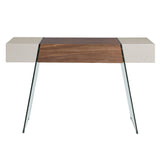 Kortárs stílusú, diófa furnérral borított, dizájn konzolasztal edzett üveg lábakkal.