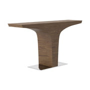 Kortárs, diófa furnérral borított, T-alakú, dizájn konzolasztal acél talapzattal.