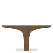 Kortárs, diófa furnérral borított, T-alakú, dizájn konzolasztal acél talapzattal.