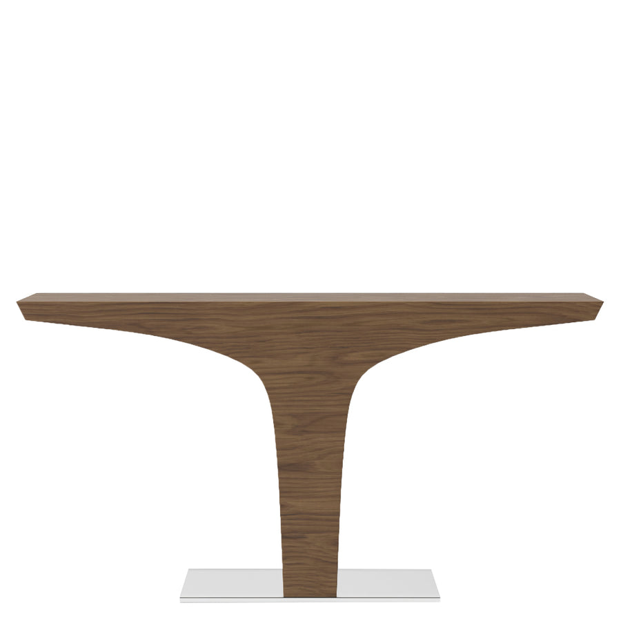 Kortárs, diófa furnérral borított, T-alakú, dizájn konzolasztal acél talapzattal.