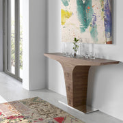 Kortárs, diófa furnérral borított, T-alakú, dizájn konzolasztal acél talapzattal.