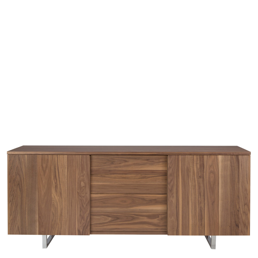 Kortárs stílusú, diófa furnérral borított, dizájn tálaló tolóajtókkal.