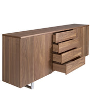 Kortárs stílusú, diófa furnérral borított, dizájn tálaló tolóajtókkal.