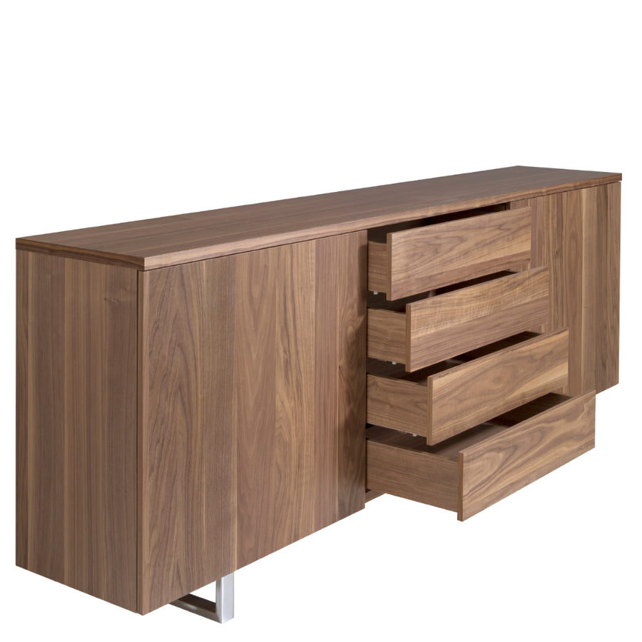 Kortárs stílusú, diófa furnérral borított, dizájn tálaló tolóajtókkal.