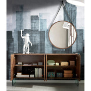 Kortárs, diófa furnérral borított, dizájn komódszekrény edzett üveg lábakkal.