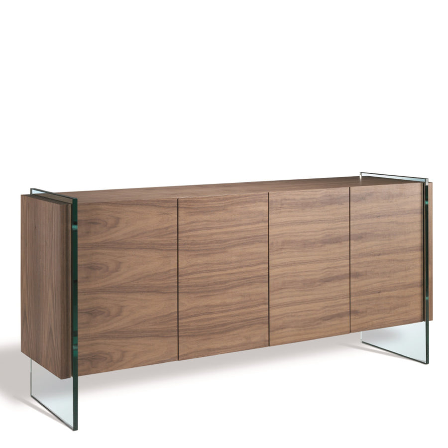 Kortárs, diófa furnérral borított, dizájn komódszekrény edzett üveg lábakkal.