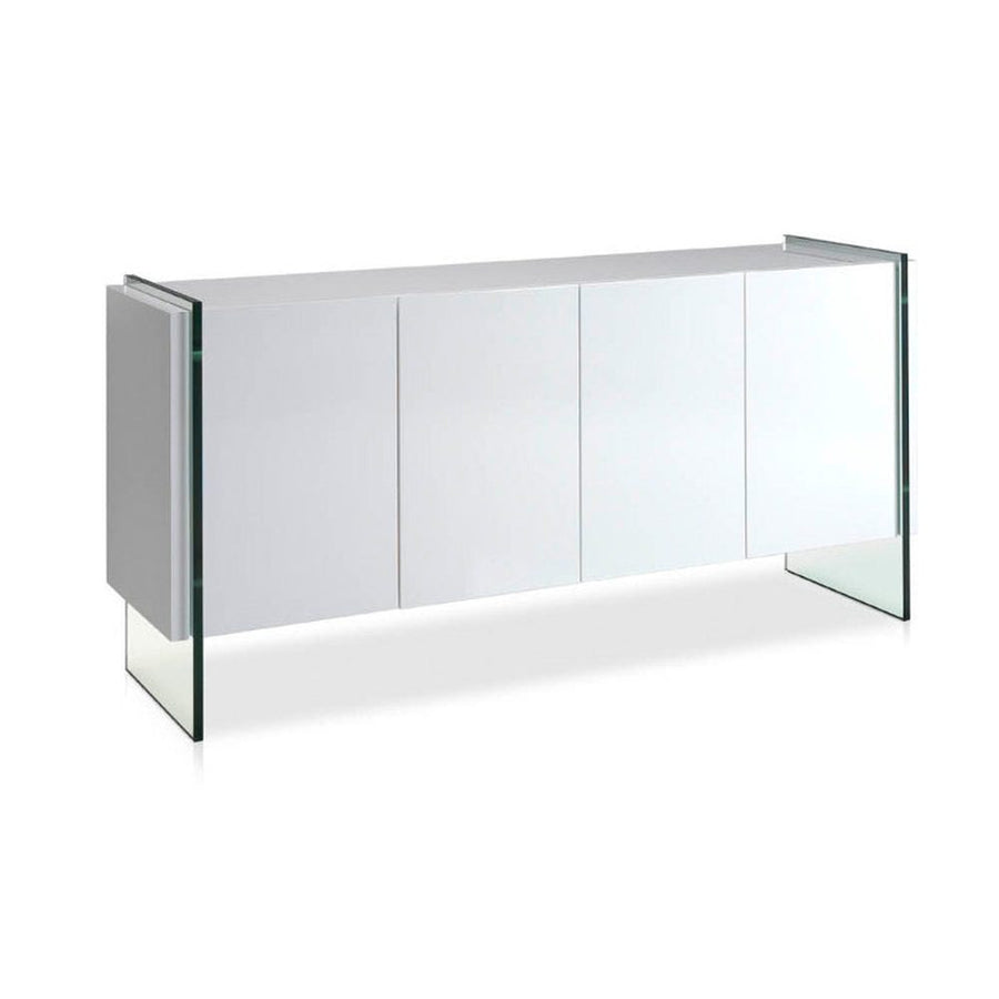 Kortárs stílusú, magasfényű, fehér színű lakkal festett, dizájn komódszekrény edzett üveg lábakkal.