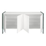 Magasfényű fehér komód nyitott ajtókkal, polcos belső térrel