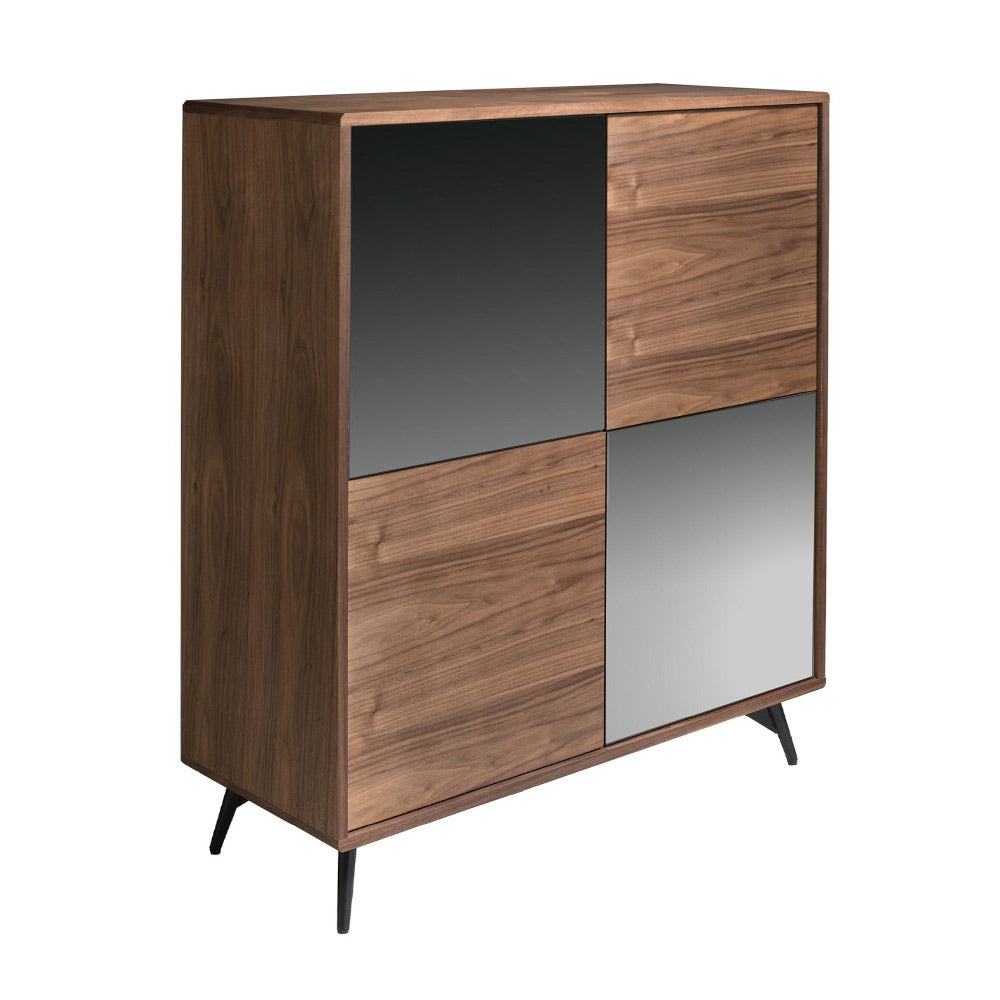 Kortárs stílusú, diófa furnérral borított, dizájn komódszekrény tükrös ajtókkal.