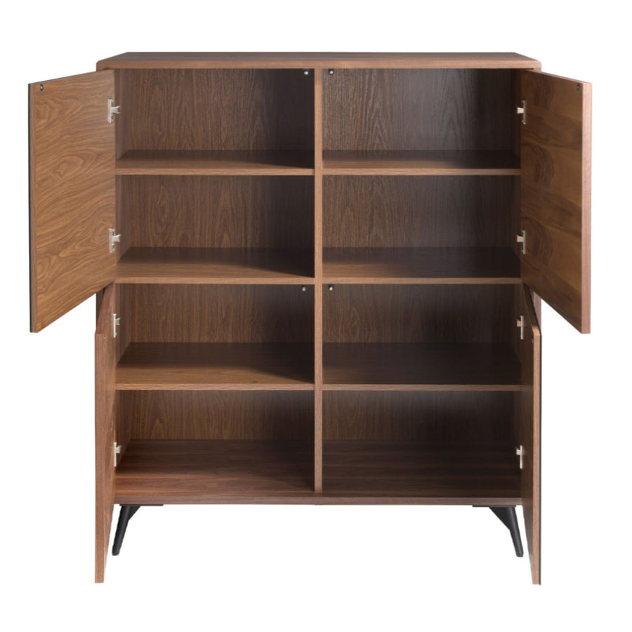 Kortárs stílusú, diófa furnérral borított, dizájn komódszekrény tükrös ajtókkal.