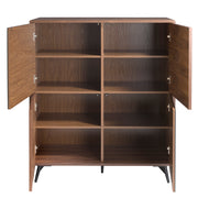 Kortárs stílusú, diófa furnérral borított, dizájn komódszekrény tükrös ajtókkal.