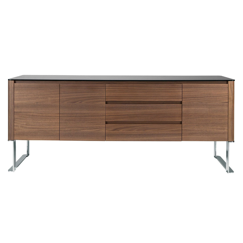 Kortárs stílusú, diófa furnérral borított, dizájn komódszekrény fekete edzett üveg fedlappal.