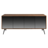 Kortárs stílusú, diófa furnérral borított, dizájn komódszekrény tükrös ajtókkal.