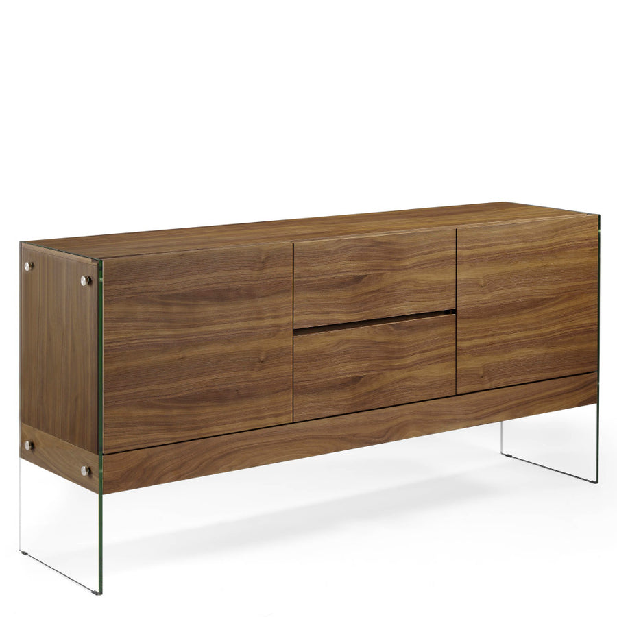 Kortárs stílusú, diófa furnérral borított, dizájn komódszekrény edzett üveg lábakkal.