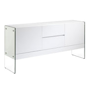 Kortárs stílusú, magasfényű, fehér színű lakkal festett, dizájn komódszekrény edzett üveg lábakkal.